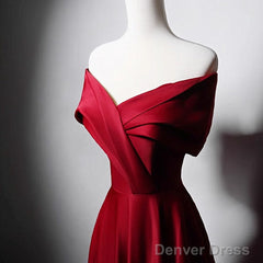 Wine Red Satin Off Shoulder A-Line Party Dress, Wine Red Long Formal Dress Prom Dress