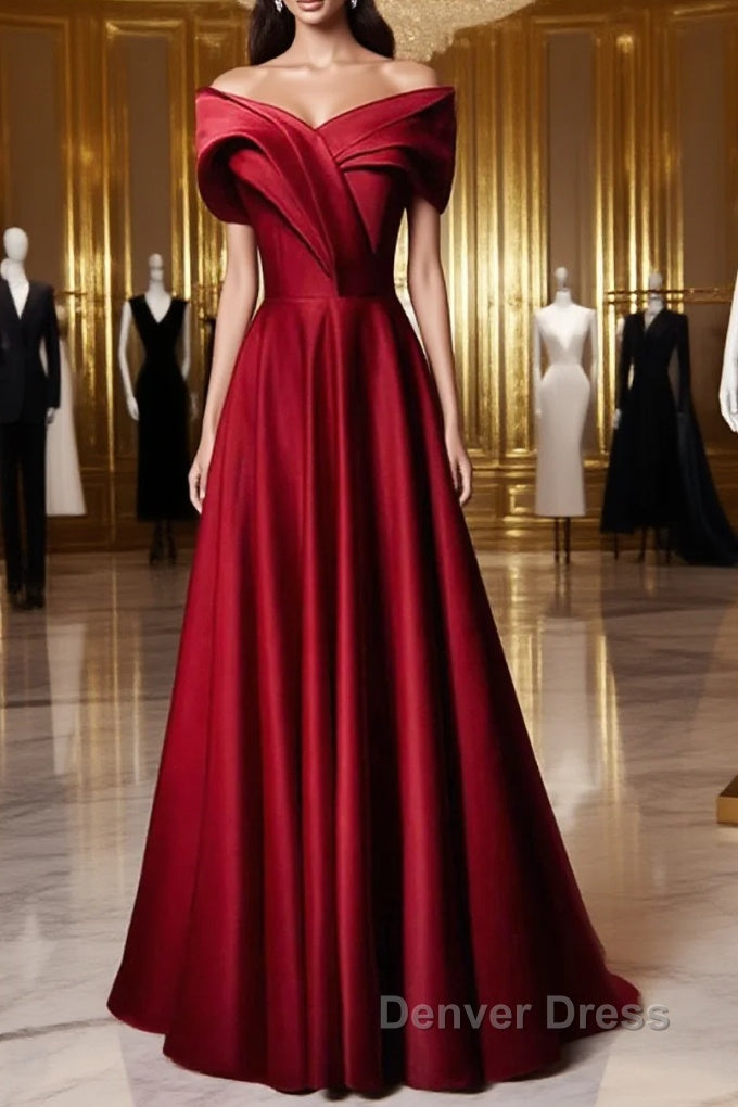 Wine Red Satin Off Shoulder A-Line Party Dresses, Wine Red Long Formal Dresses Prom Dresses