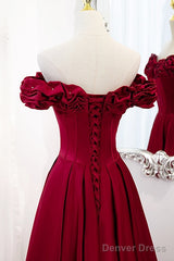 Wine Red Satin Off Shoulder Beaded Long Formal Dress, Wine Red A-Line Prom Dress