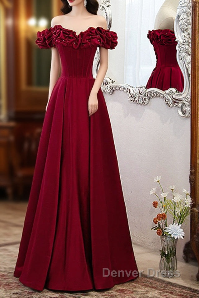 Wine Red Satin Off Shoulder Beaded Long Formal Dresses, Wine Red A-Line Prom Dresses Main image