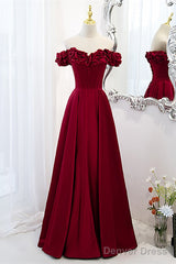 Wine Red Satin Off Shoulder Beaded Long Formal Dress, Wine Red A-Line Prom Dress