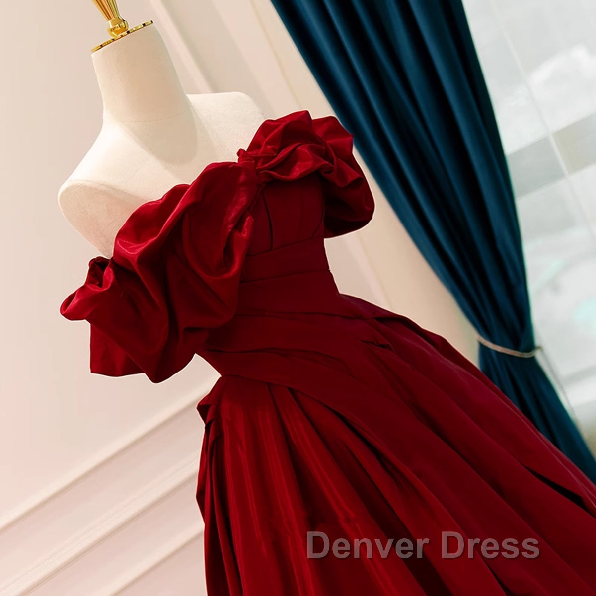 Wine Red Satin Off Shoulder Chic Long Party Dresses, Wine Red Sweetheart Prom Dresses