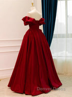 Wine Red Satin Off Shoulder Chic Long Party Dresses, Wine Red Sweetheart Prom Dresses