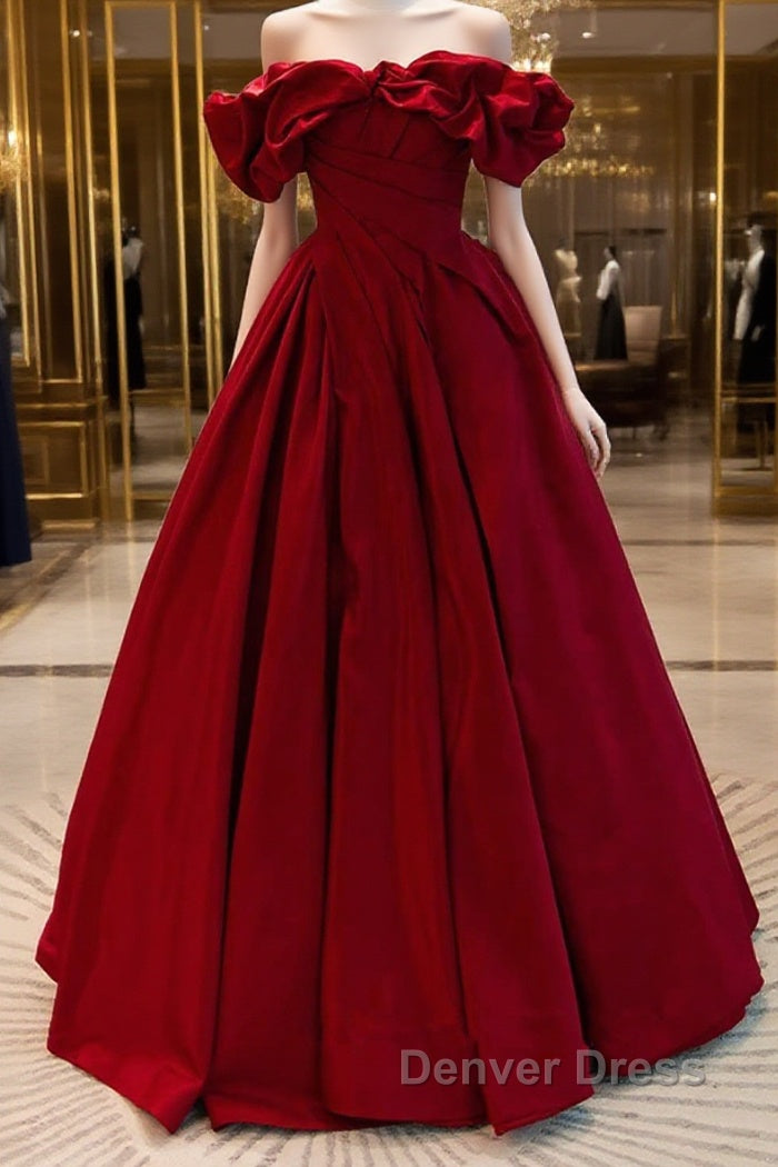 Wine Red Satin Off Shoulder Chic Long Party Dresses, Wine Red Sweetheart Prom Dresses Main image