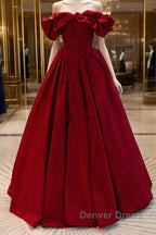 Wine Red Satin Off Shoulder Chic Long Party Dresses, Wine Red Sweetheart Prom Dresses