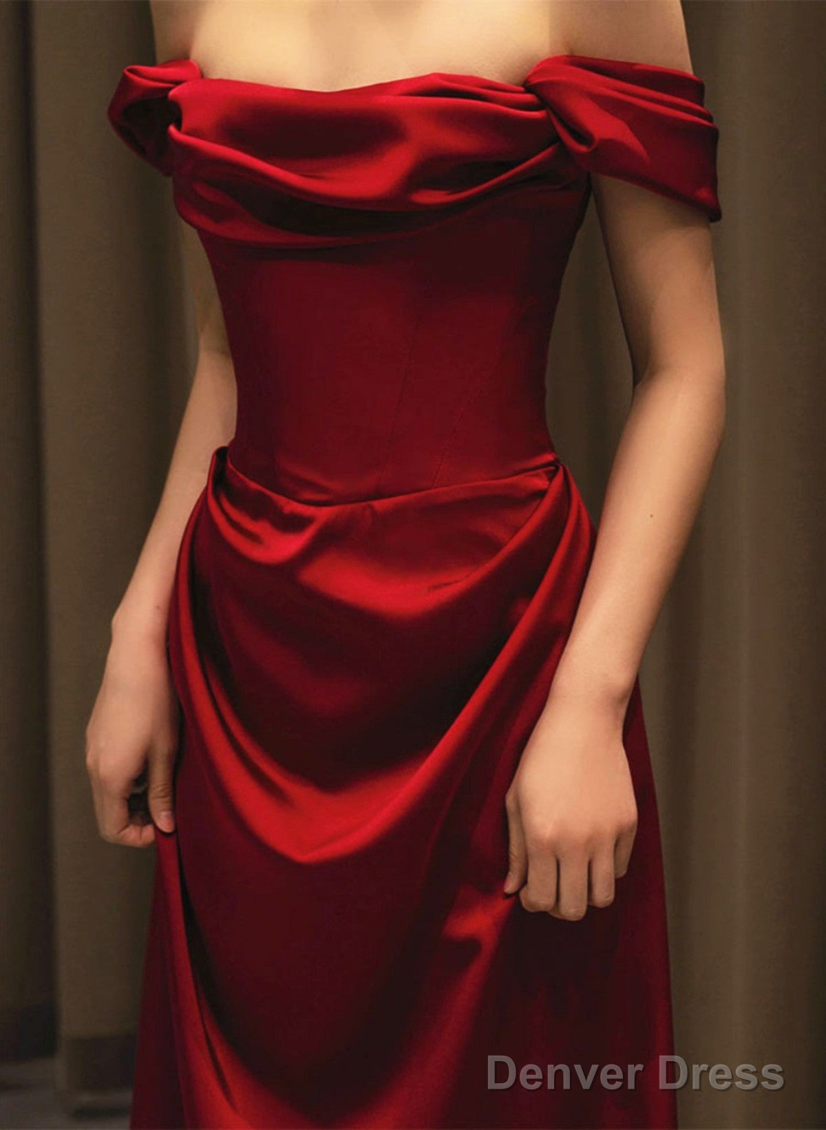 Wine Red Satin Off Shoulder Long Formal Gown, Wine Red Satin Prom Dress