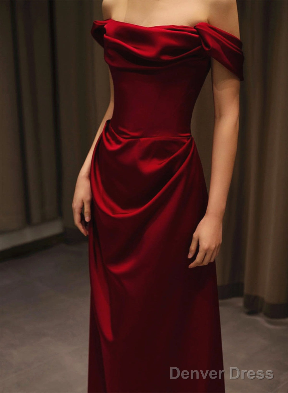 Wine Red Satin Off Shoulder Long Formal Gown, Wine Red Satin Prom Dress
