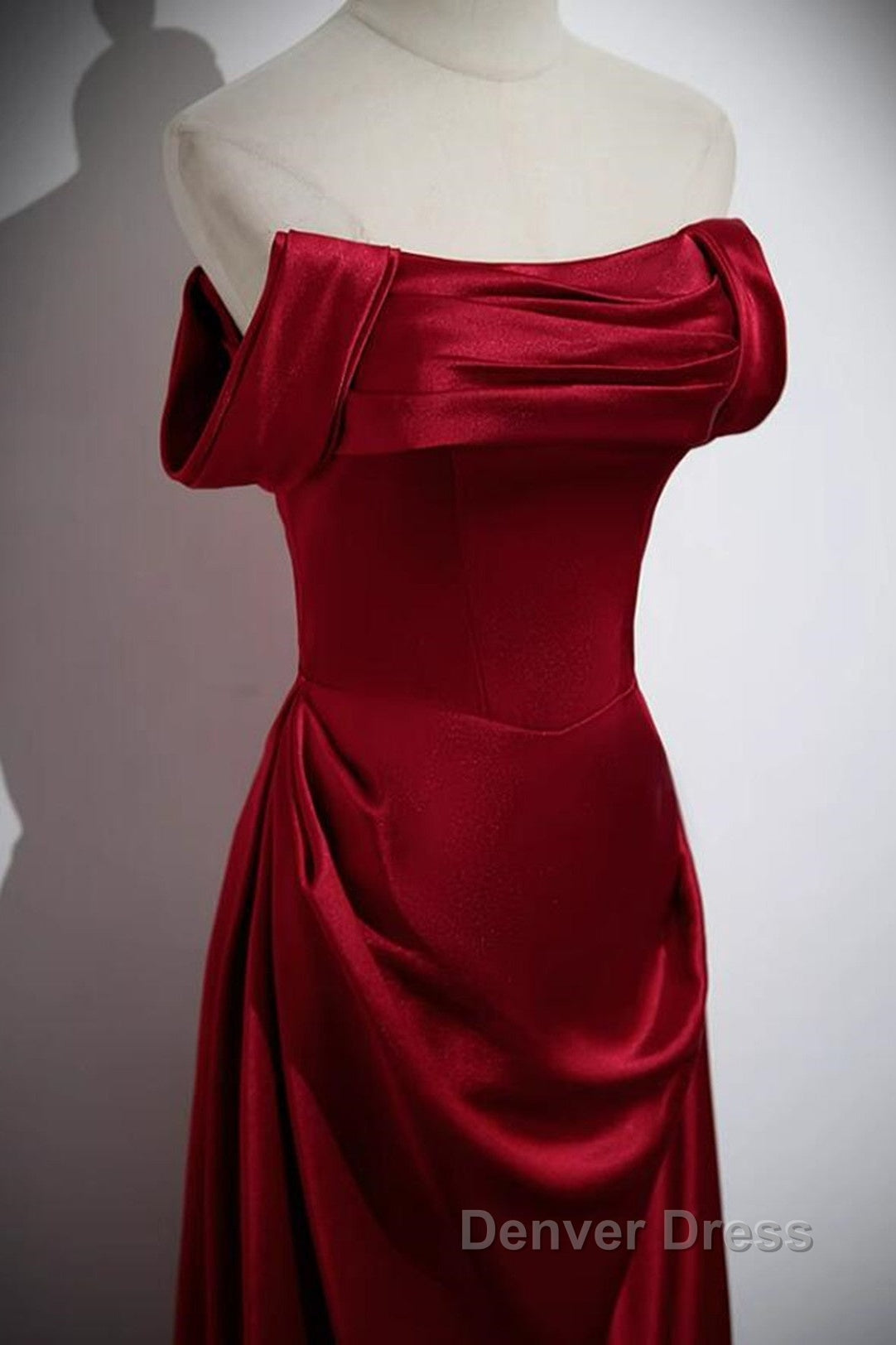 Wine Red Satin Off Shoulder Long Party Dresses, A-Line Satin Prom Dresses Secondary image