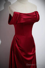 Wine Red Satin Off Shoulder Long Party Dress, A-Line Satin Prom Dress