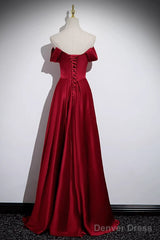 Wine Red Satin Off Shoulder Long Party Dress, A-Line Satin Prom Dress