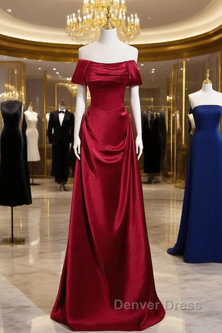 Wine Red Satin Off Shoulder Long Party Dresses, A-Line Satin Prom Dresses