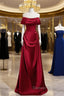 Wine Red Satin Off Shoulder Long Party Dresses, A-Line Satin Prom Dresses