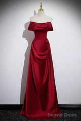 Wine Red Satin Off Shoulder Long Party Dress, A-Line Satin Prom Dress
