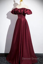 Wine Red Satin Off Shoulder Long Party Dresses, Wine Red Satin Prom Dresses