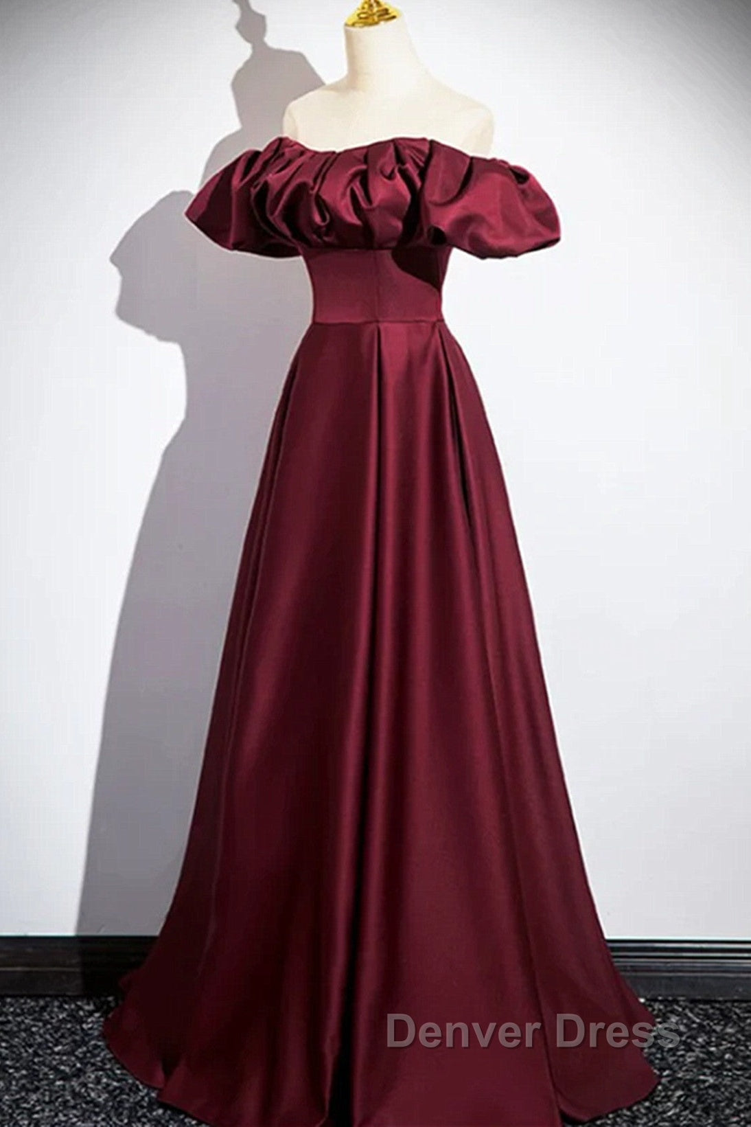 Wine Red Satin Off Shoulder Long Party Dresses, Wine Red Satin Prom Dresses
