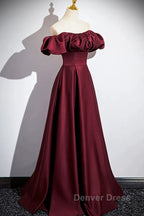 Wine Red Satin Off Shoulder Long Party Dresses, Wine Red Satin Prom Dresses