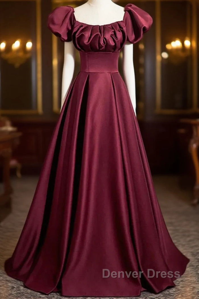 Wine Red Satin Off Shoulder Long Party Dresses, Wine Red Satin Prom Dresses Main image