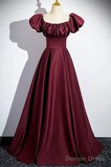 Wine Red Satin Off Shoulder Long Party Dress, Wine Red Satin Prom Dress
