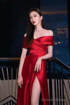 Wine Red Satin Off Shoulder Long Party Dress With Leg Slit, Wine Red Long Prom Dress