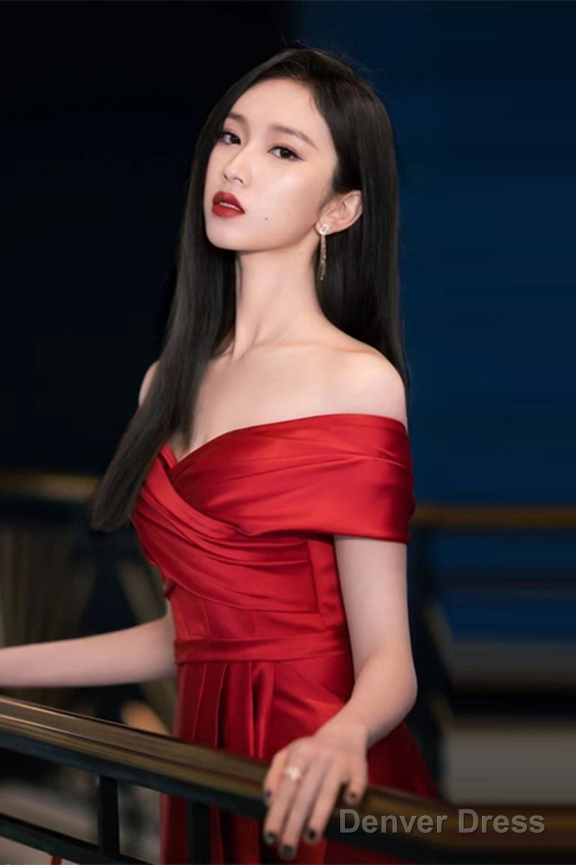 Wine Red Satin Off Shoulder Long Party Dress With Leg Slit, Wine Red Long Prom Dress