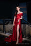 Wine Red Satin Off Shoulder Long Party Dress With Leg Slit, Wine Red Long Prom Dress