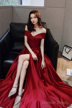 Wine Red Satin Off Shoulder Long Prom Dress With Leg Slit, Wine Red Evening Dress