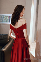 Wine Red Satin Off Shoulder Long Prom Dress With Leg Slit, Wine Red Evening Dress
