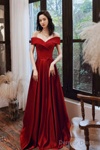 Wine Red Satin Off Shoulder Long Prom Dress With Leg Slit, Wine Red Evening Dress