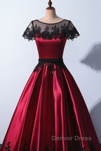Wine Red Satin Round Neckline With Black Lace Party Dresses, Wine Red Prom Dresses