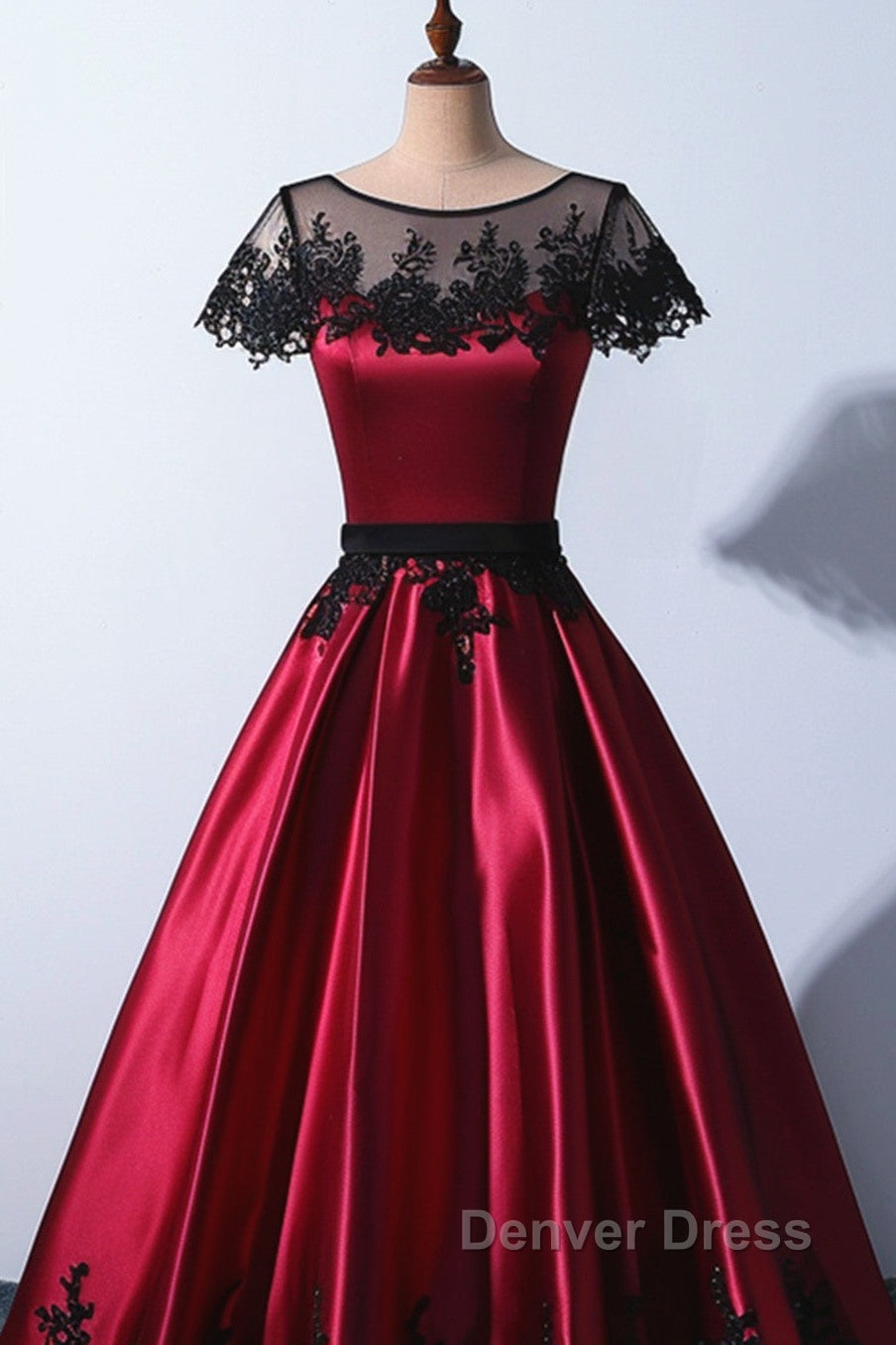 Wine Red Satin Round Neckline With Black Lace Party Dresses, Wine Red Prom Dresses