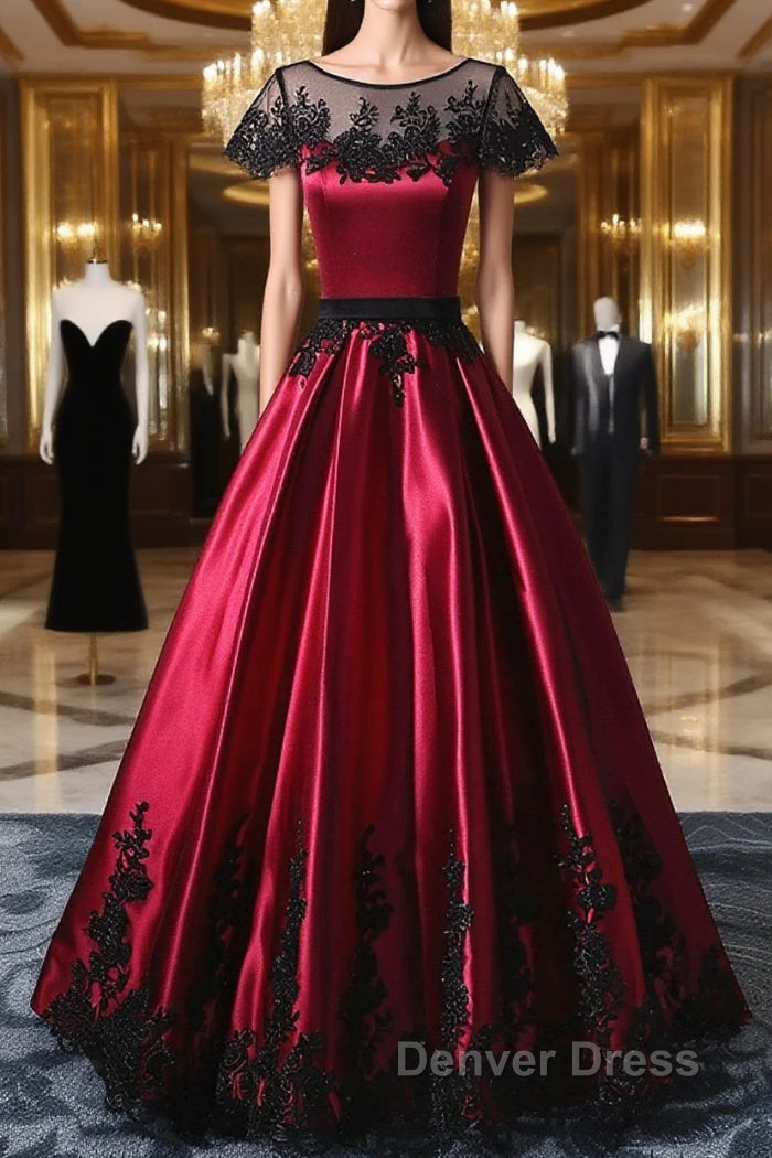 Wine Red Satin Round Neckline With Black Lace Party Dresses, Wine Red Prom Dresses Main image