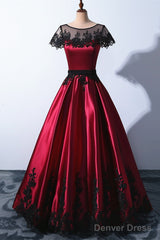 Wine Red Satin Round Neckline With Black Lace Party Dress, Wine Red Prom Dress