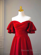 Wine Red Satin Short Sleeves Long Party Dresses, Wine Red Satin Prom Dresses