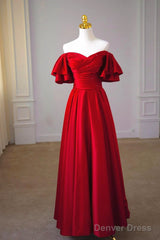 Wine Red Satin Short Sleeves Long Party Dress, Wine Red Satin Prom Dress