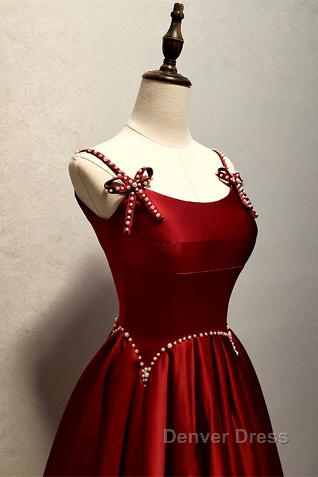 Wine Red Satin Straps Beaded Long Party Dresses, Wine Red A-Line Prom Dresses