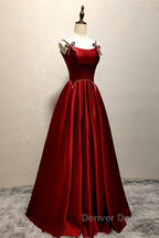 Wine Red Satin Straps Beaded Long Party Dresses, Wine Red A-Line Prom Dresses