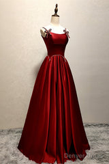 Wine Red Satin Straps Beaded Long Party Dress, Wine Red A-Line Prom Dress