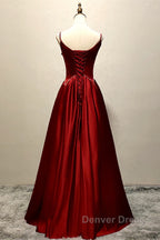 Wine Red Satin Straps Beaded Long Party Dresses, Wine Red A-Line Prom Dresses