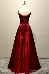Wine Red Satin Straps Beaded Long Party Dress, Wine Red A-Line Prom Dress