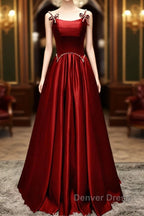 Wine Red Satin Straps Beaded Long Party Dresses, Wine Red A-Line Prom Dresses