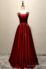 Wine Red Satin Straps Beaded Long Party Dress, Wine Red A-Line Prom Dress