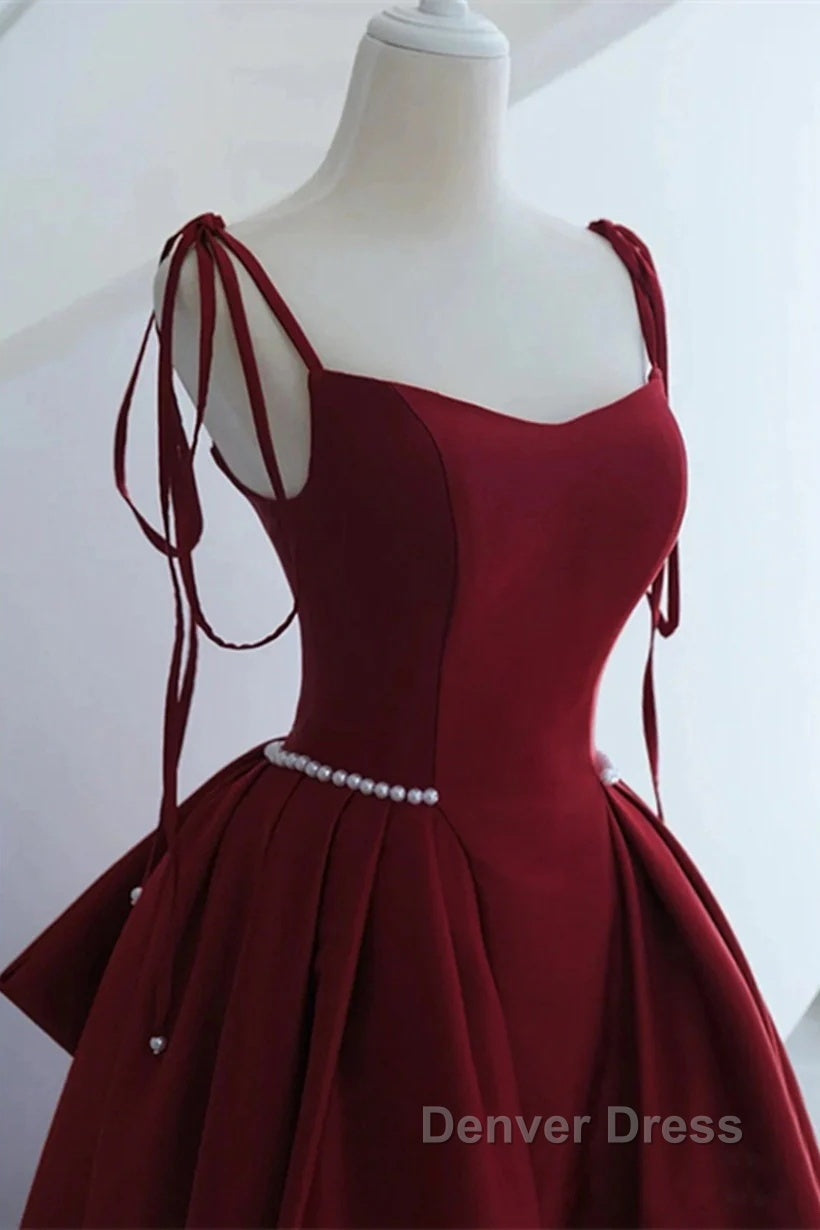 Wine Red Satin Straps Long Party Dresses, Wine Red Floor Length Formal Dresses Prom Dresses Secondary image