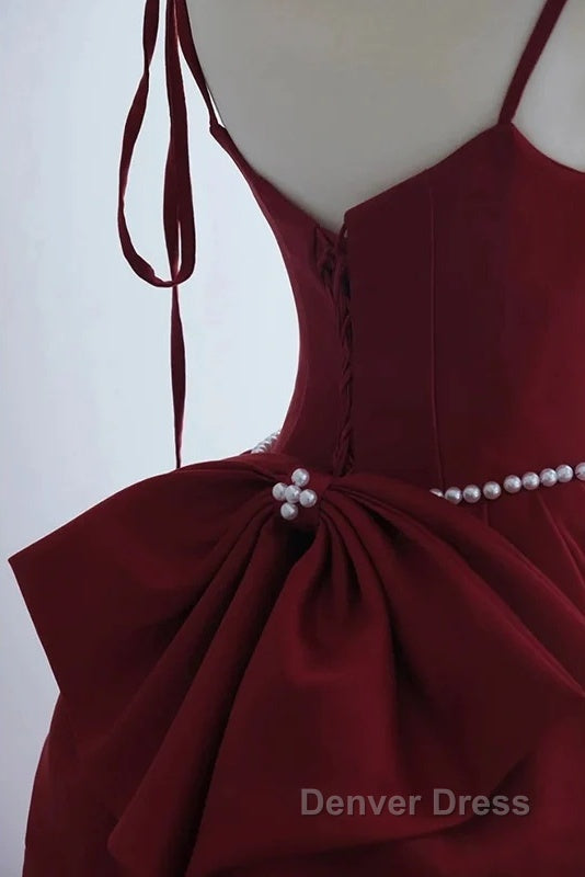 Wine Red Satin Straps Long Party Dresses, Wine Red Floor Length Formal Dresses Prom Dresses