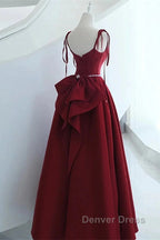 Wine Red Satin Straps Long Party Dresses, Wine Red Floor Length Formal Dresses Prom Dresses
