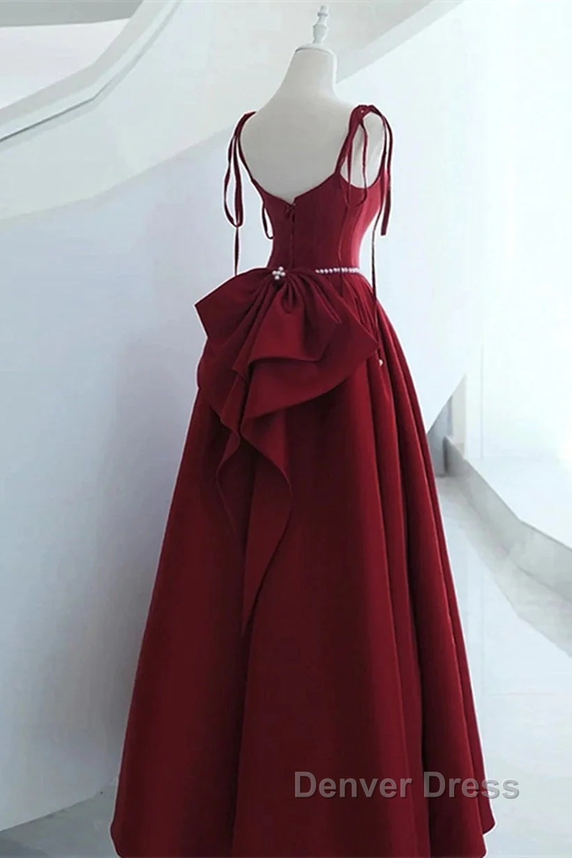 Wine Red Satin Straps Long Party Dresses, Wine Red Floor Length Formal Dresses Prom Dresses