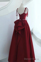Wine Red Satin Straps Long Party Dress, Wine Red Floor Length Formal Dress Prom Dress