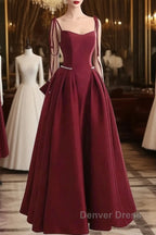 Wine Red Satin Straps Long Party Dresses, Wine Red Floor Length Formal Dresses Prom Dresses