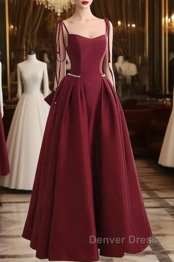 Wine Red Satin Straps Long Party Dresses, Wine Red Floor Length Formal Dresses Prom Dresses