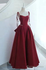 Wine Red Satin Straps Long Party Dress, Wine Red Floor Length Formal Dress Prom Dress