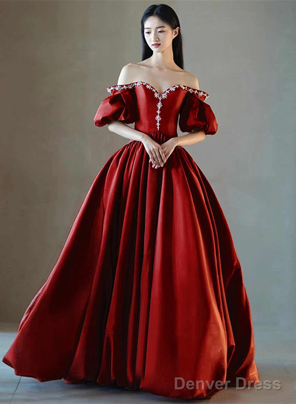 Wine Red Satin Sweetheart Beaded Long Prom Dress, Wine Red Evening Dress Main image